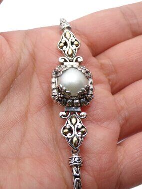 Byzantine chain bracelet, 925/18K accents with white pearl or black onyx choice